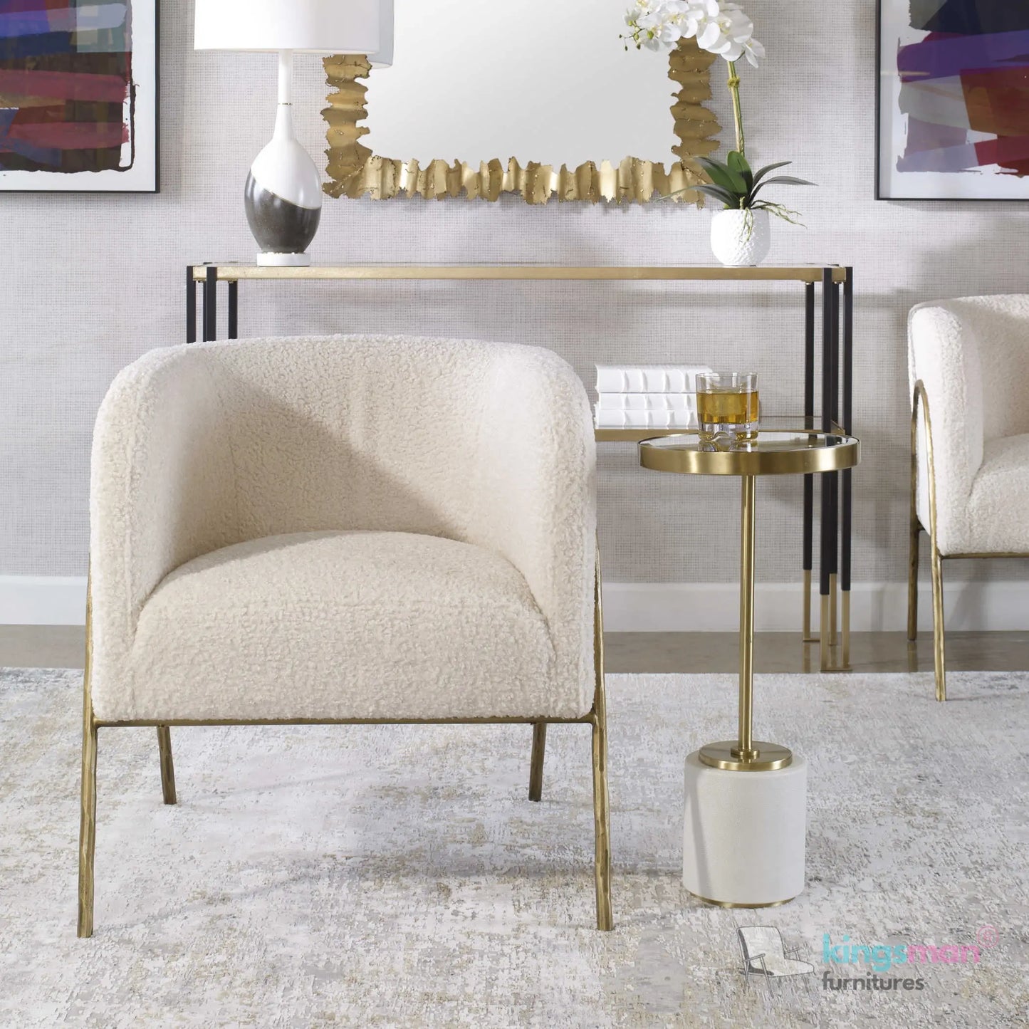 Jacob Scandinavian Barrel Back Chair - Faux Shearling with Aged Gold Chiselled Iron Frame Kingsman Furnitures