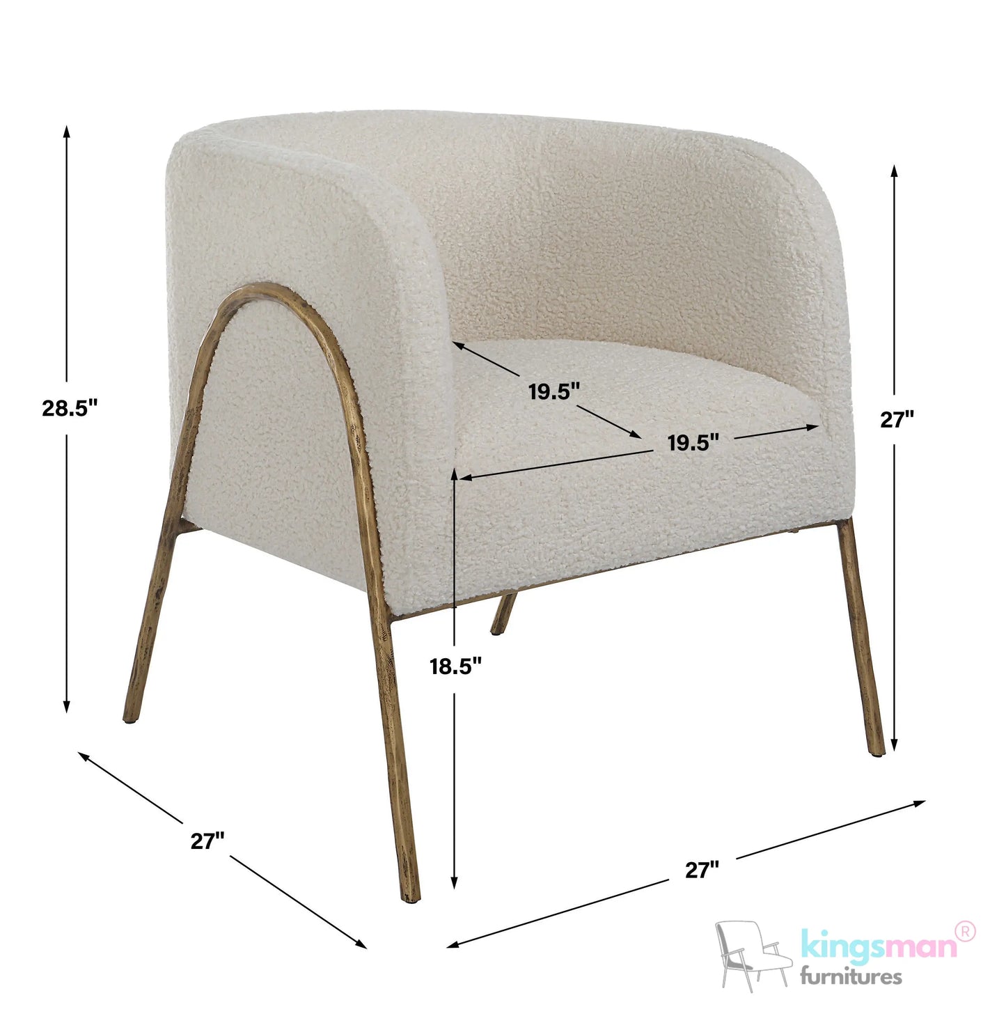 Jacob Scandinavian Barrel Back Chair - Faux Shearling with Aged Gold Chiselled Iron Frame Kingsman Furnitures