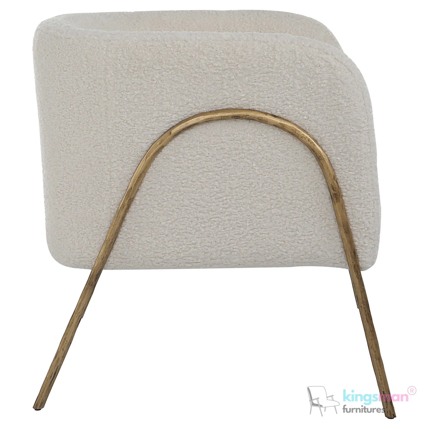 Jacob Scandinavian Barrel Back Chair - Faux Shearling with Aged Gold Chiselled Iron Frame Kingsman Furnitures