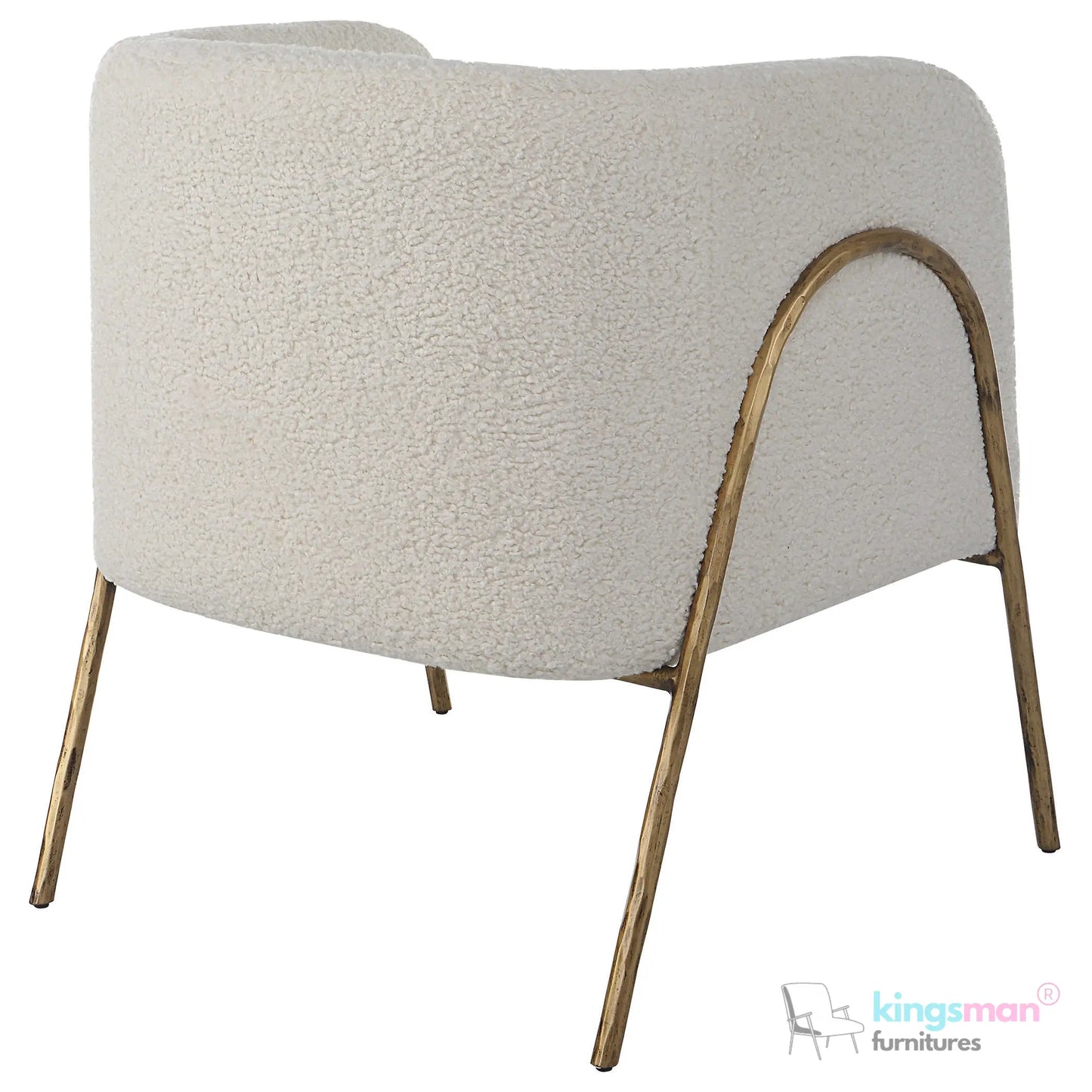 Jacob Scandinavian Barrel Back Chair - Faux Shearling with Aged Gold Chiselled Iron Frame Kingsman Furnitures
