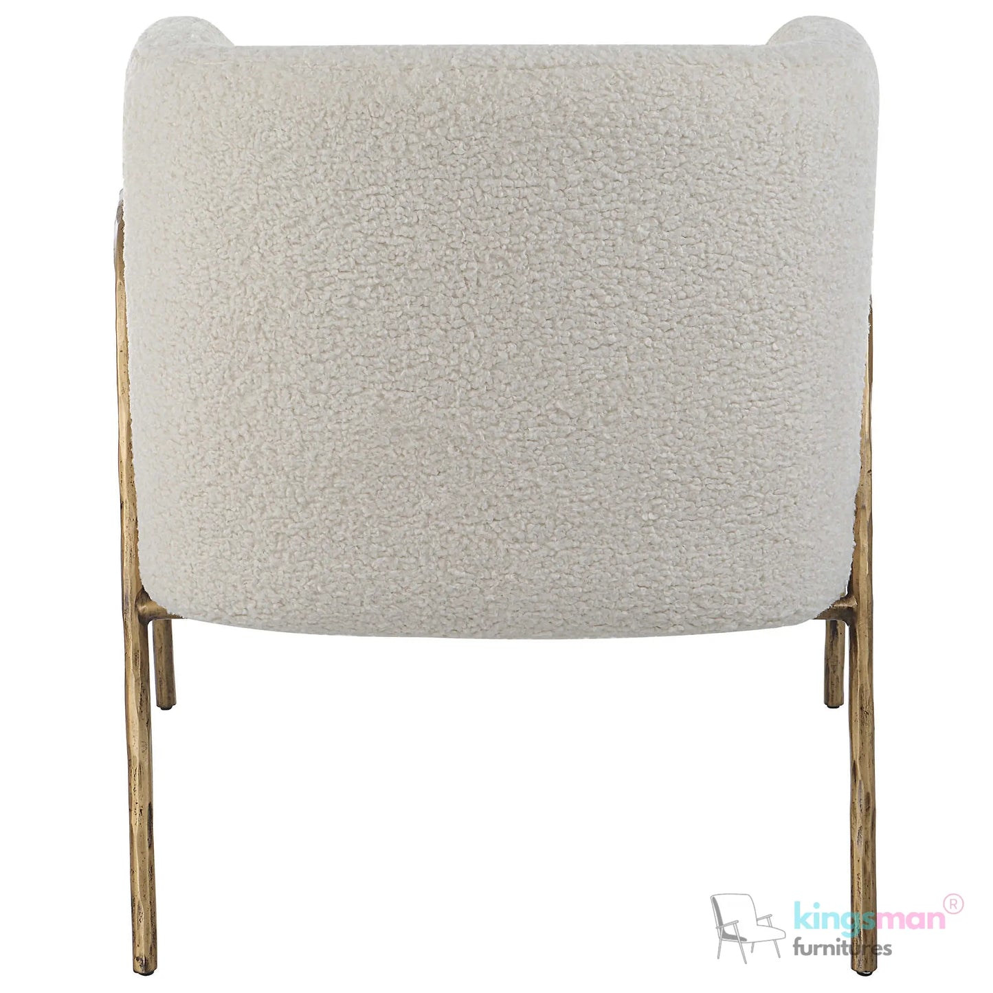 Jacob Scandinavian Barrel Back Chair - Faux Shearling with Aged Gold Chiselled Iron Frame Kingsman Furnitures