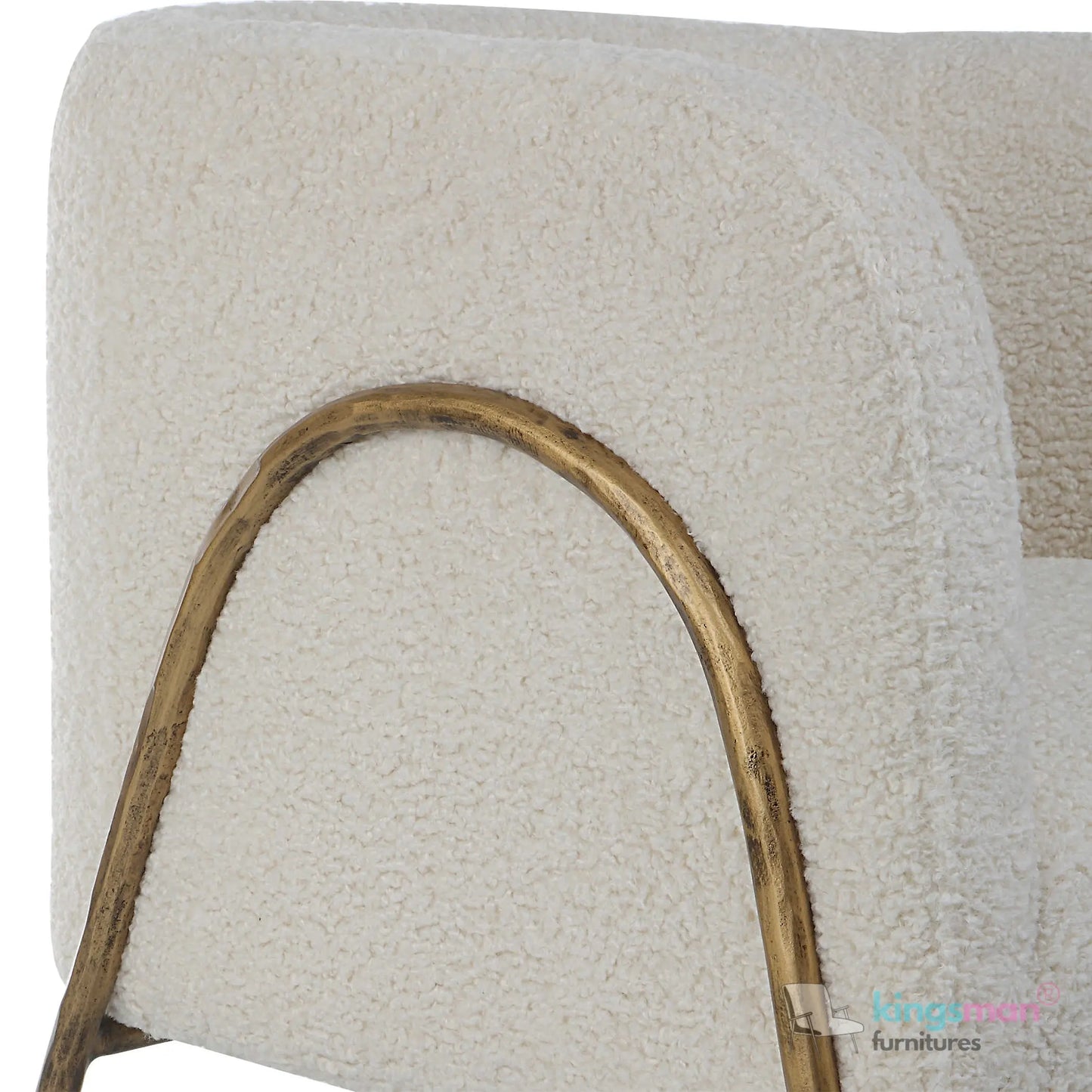 Jacob Scandinavian Barrel Back Chair - Faux Shearling with Aged Gold Chiselled Iron Frame Kingsman Furnitures
