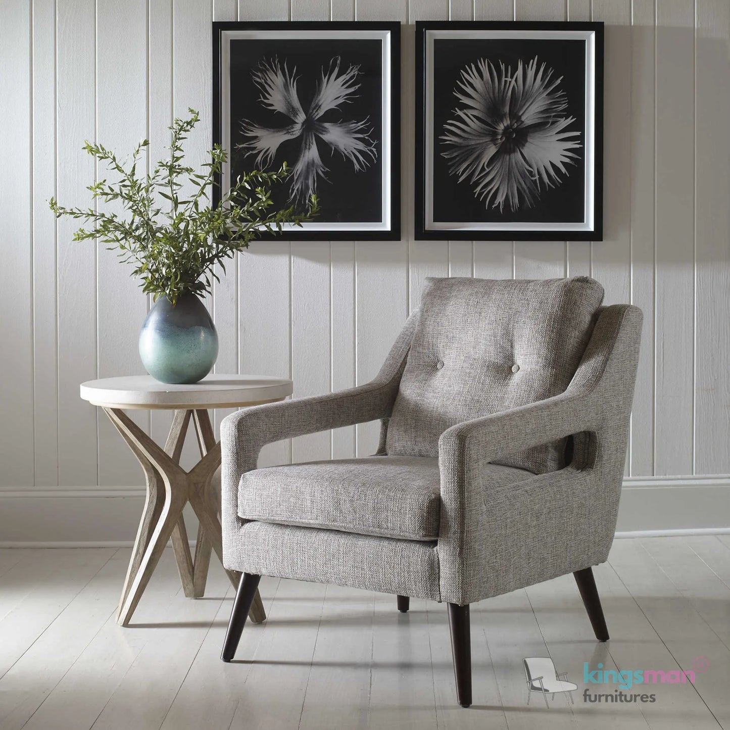 O'Brien Scandinavian Armchair - Stone Linen Blend with Dark Walnut Wood Legs Kingsman Furnitures