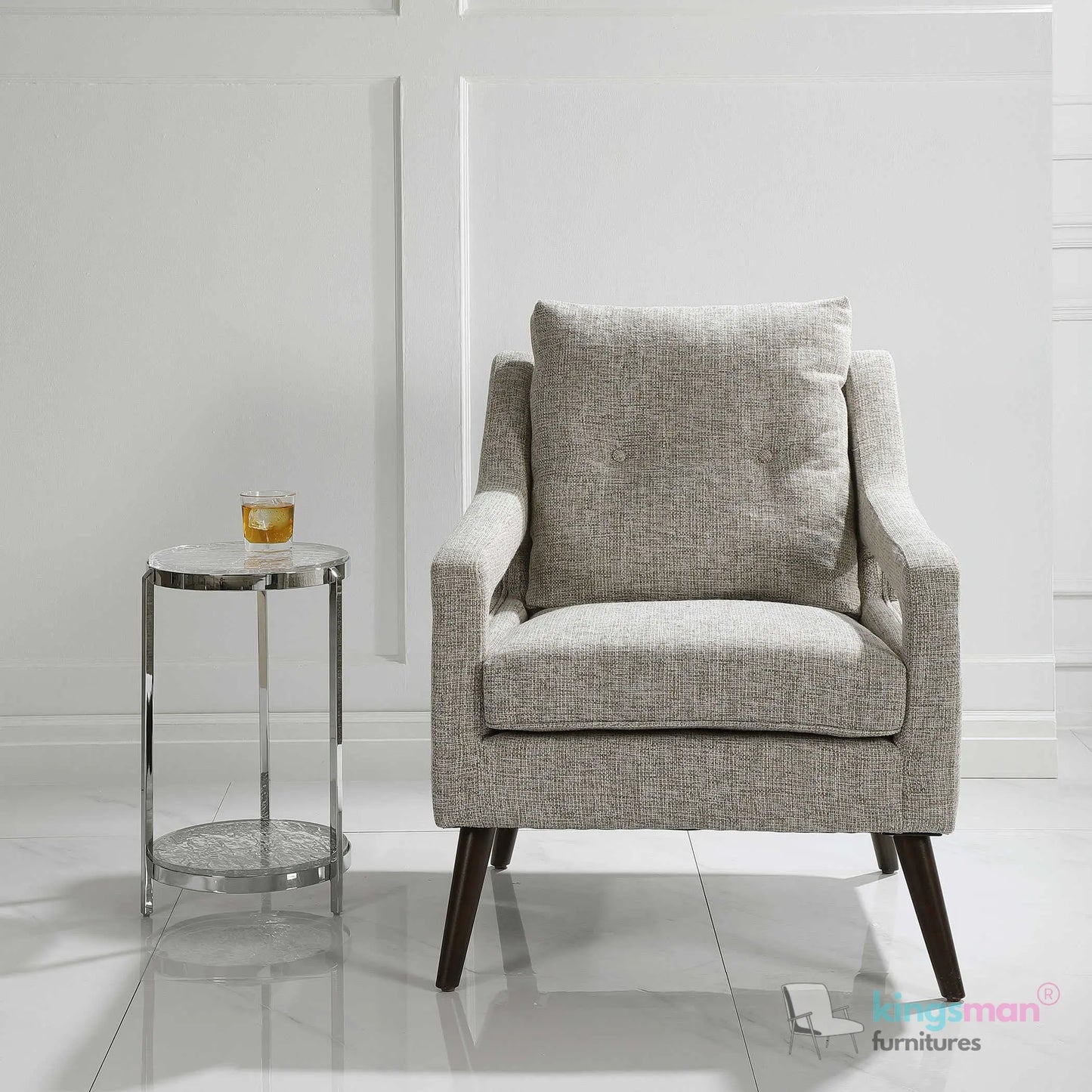 O'Brien Scandinavian Armchair - Stone Linen Blend with Dark Walnut Wood Legs Kingsman Furnitures