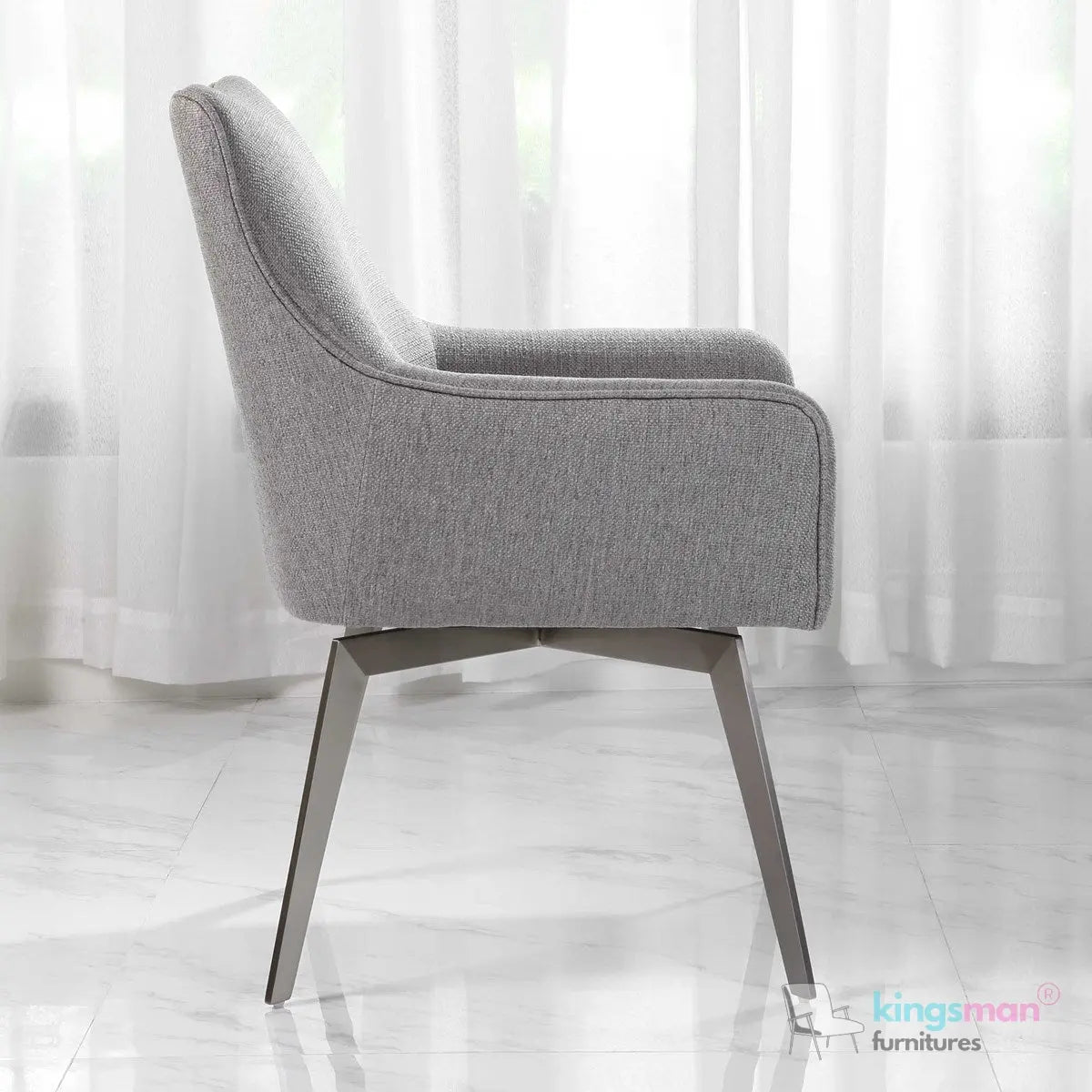 Twisted Modern Swivel Dining Chair - Grey Upholstered with Brushed Stainless Steel Base Kingsman Furnitures