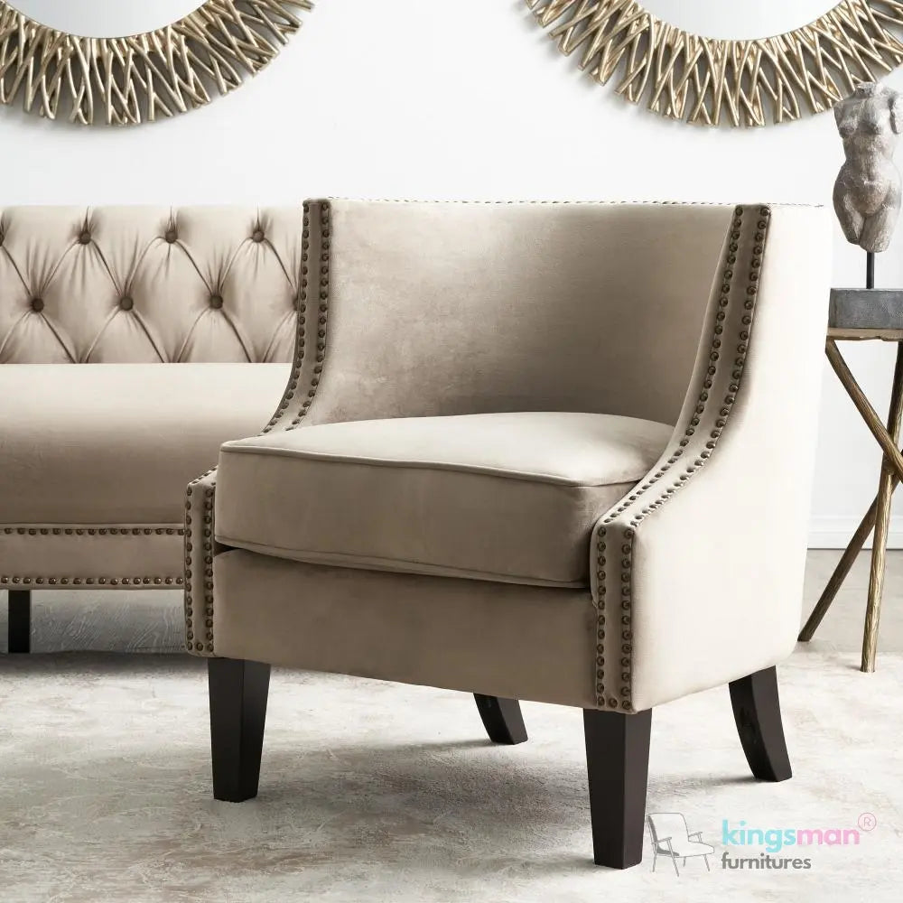 Vogue Beige Velvet Tub Chair - Classic Design with Teak Wood Legs Kingsman Furnitures