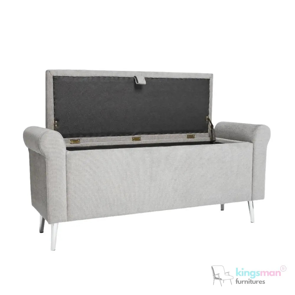 Dev Storage Ottoman - Upholstered Ottoman with Scrolled Arms, Mirrored Feet, and Deep Storage | Bedroom or Living Room Furniture - Kingsman Furnitures