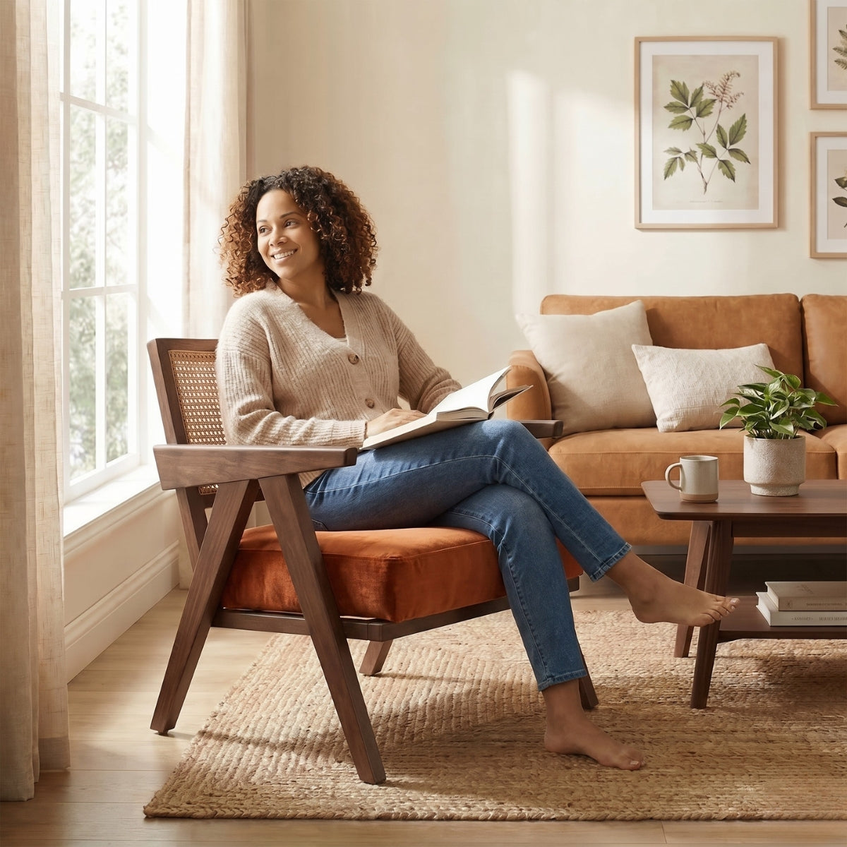 Woman sitting in a chair reading a book in a cozy living room.