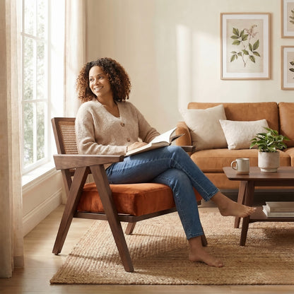 Woman sitting in a chair reading a book in a cozy living room.