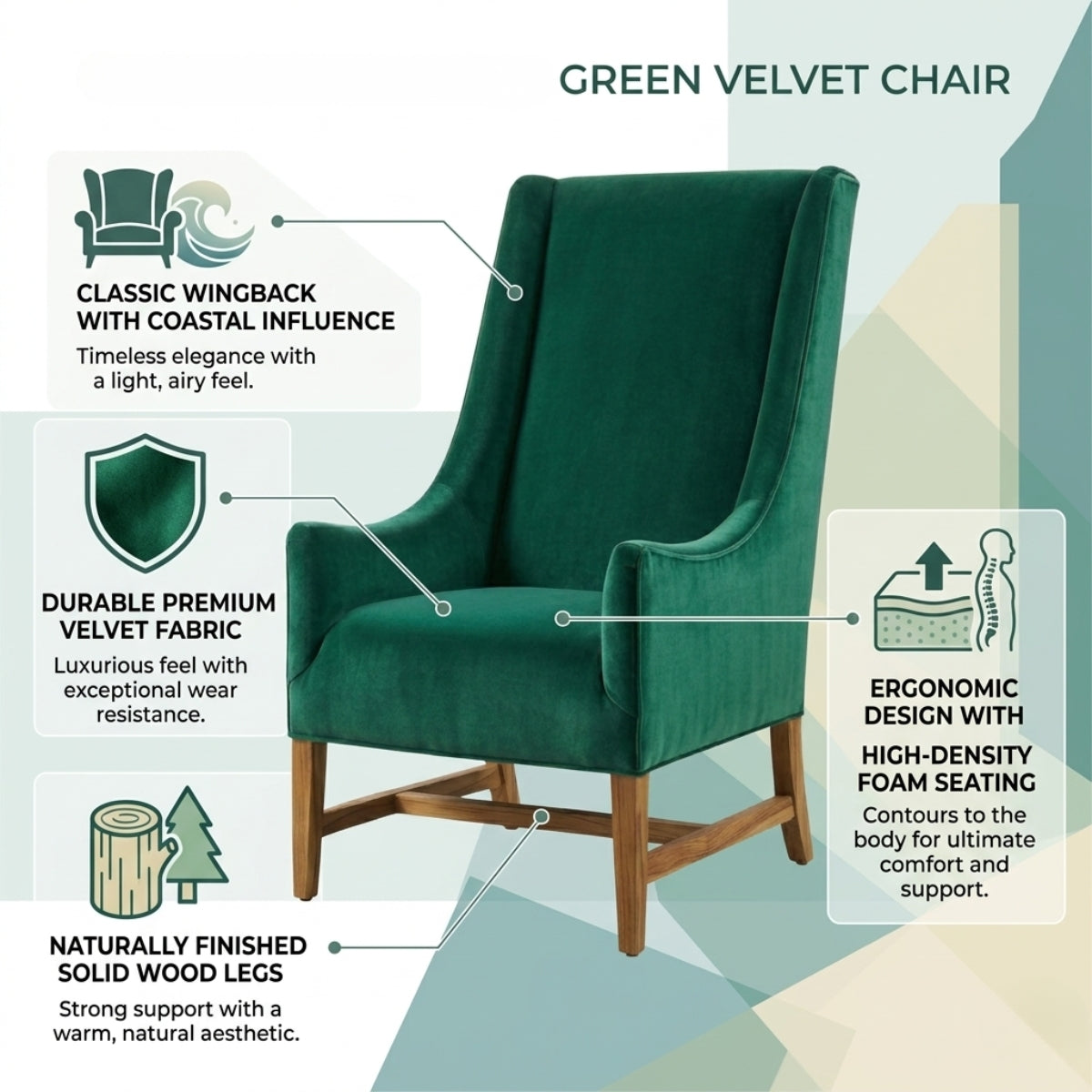 Green velvet chair with features highlighted on a white background