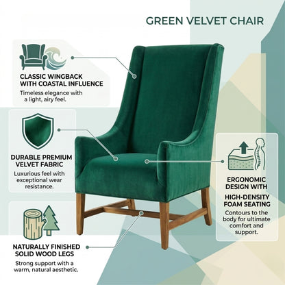Green velvet chair with features highlighted on a white background