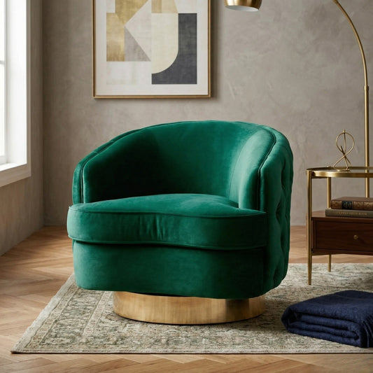 Green velvet armchair in a stylish room with abstract art and a rug.