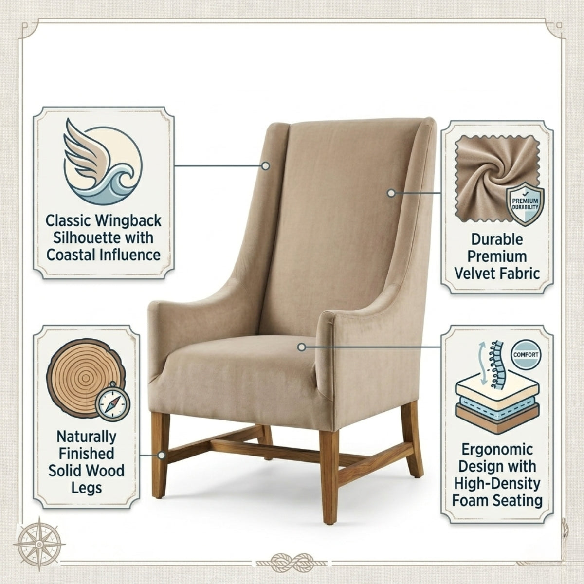 Beige wingback chair with features highlighted on a white background
