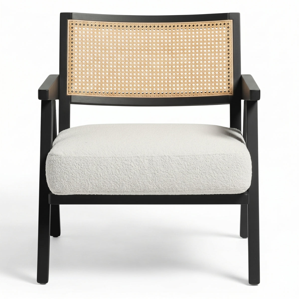 Chair with black frame, woven backrest, and white cushion on a white background