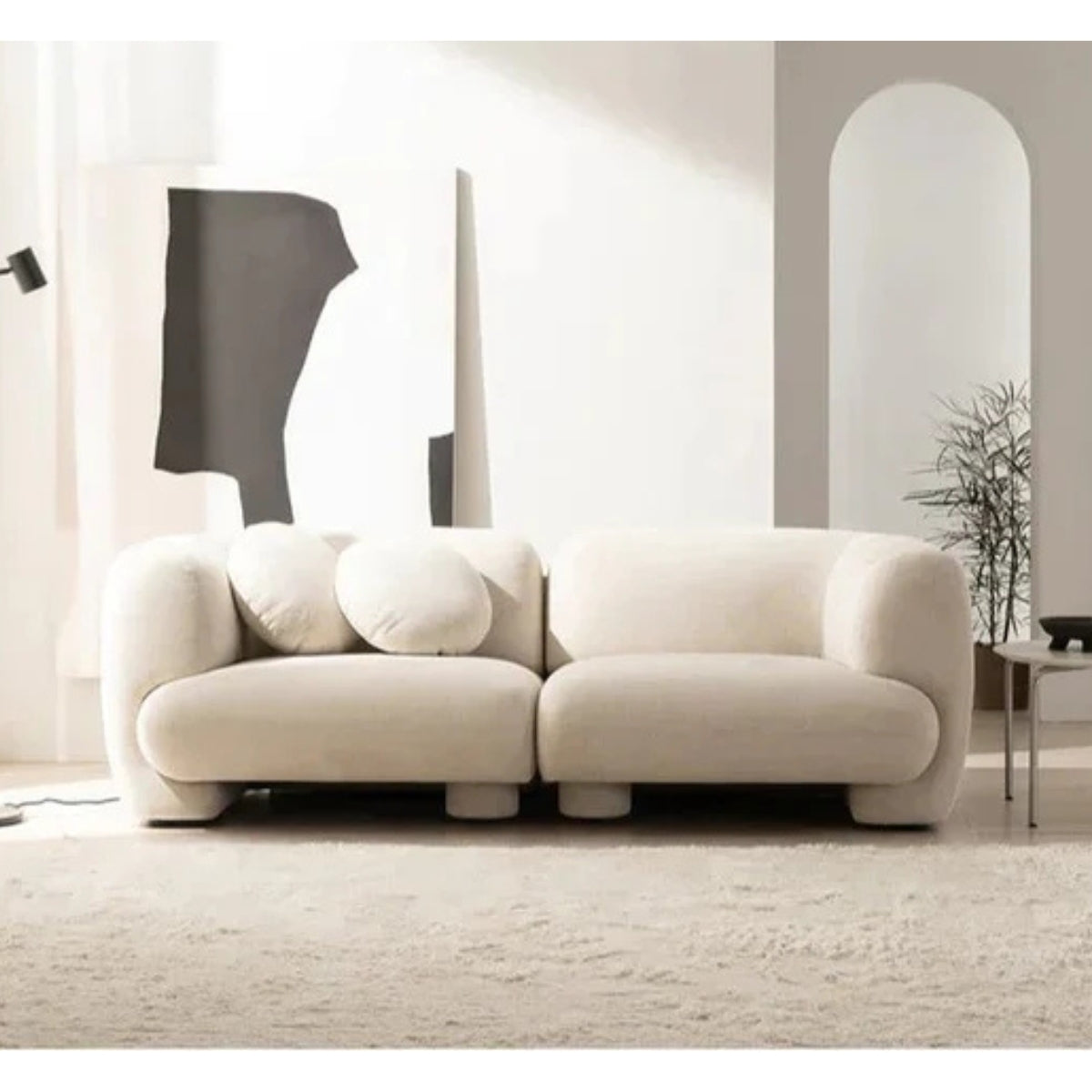Beige sofa in a modern living room with neutral decor