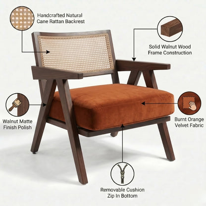 Chair with features highlighted, including cane rattan backrest, walnut wood frame, and burnt orange velvet fabric.