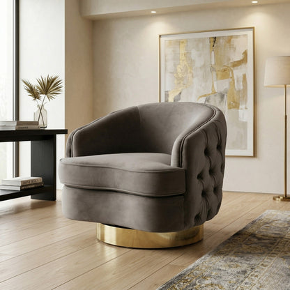 Gray armchair in a modern living room with abstract art on the wall.