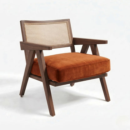 Wooden armchair with orange cushion on a white background