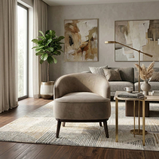 Kate Maple Velvet Accent Chair – Luxury Living Room Armchair with Matte Eucalyptus Teak Wood Legs | Kingsman Furnitures India