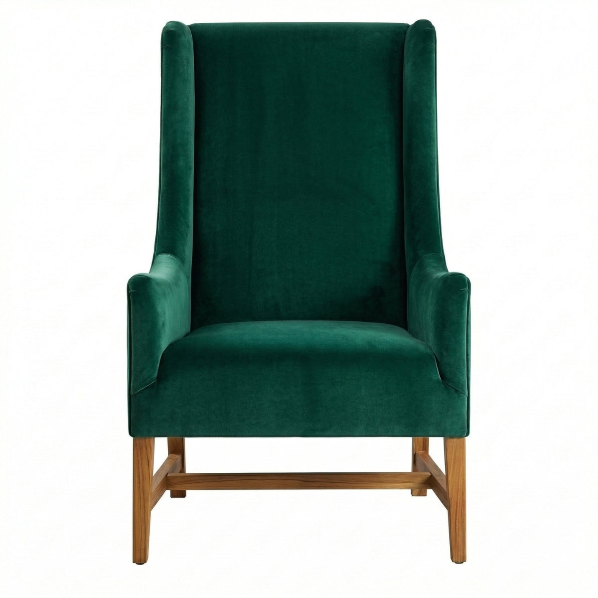 Green velvet armchair with wooden legs on a white background