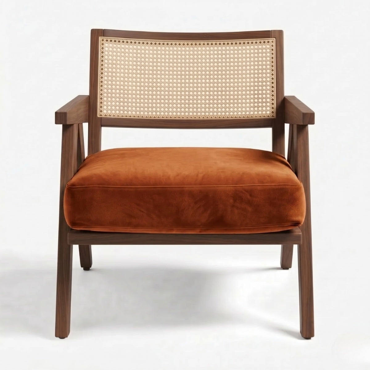 Brown armchair with woven backrest on a white background