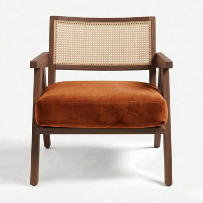Brown armchair with woven backrest on a white background
