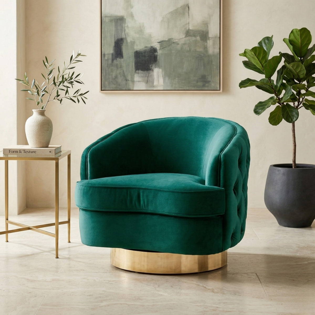 Green velvet armchair with gold base in a living room setting
