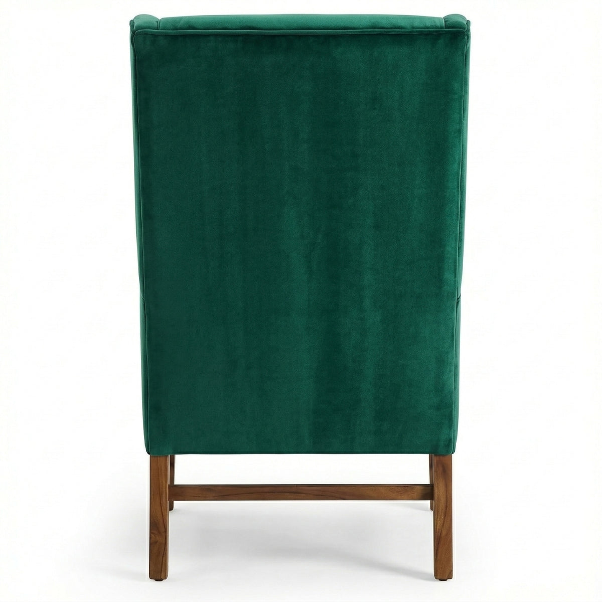 Green velvet chair with wooden legs on a white background