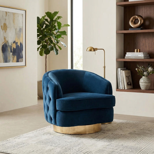 Blue armchair in a living room with a bookshelf and plant