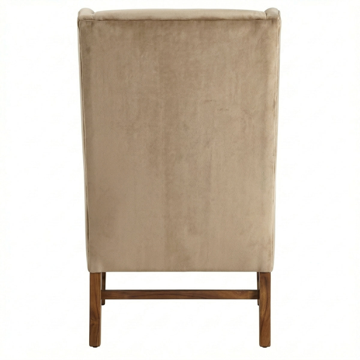 Beige upholstered chair with wooden legs on a white background