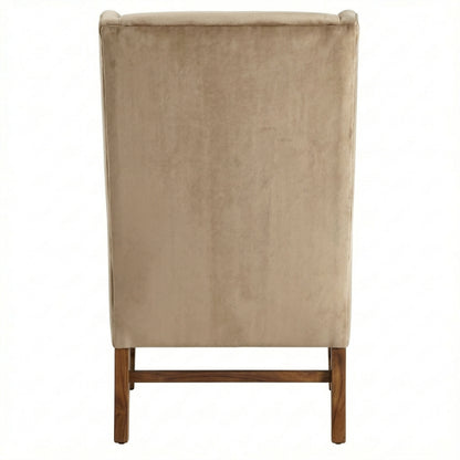 Beige upholstered chair with wooden legs on a white background