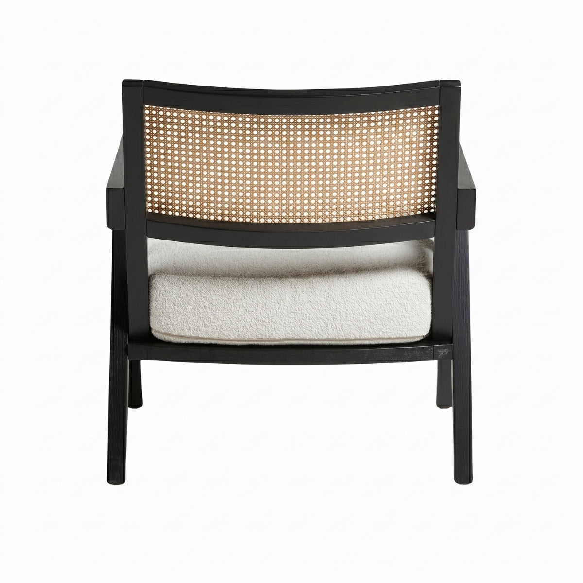 Chair with black frame and woven backrest on a white background
