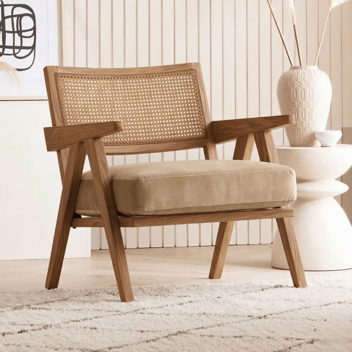 Wooden armchair with woven backrest in a room setting