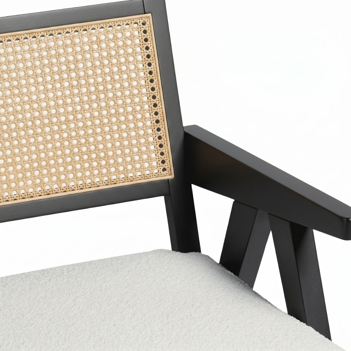 Chair with black frame, woven backrest, and gray cushion on a white background