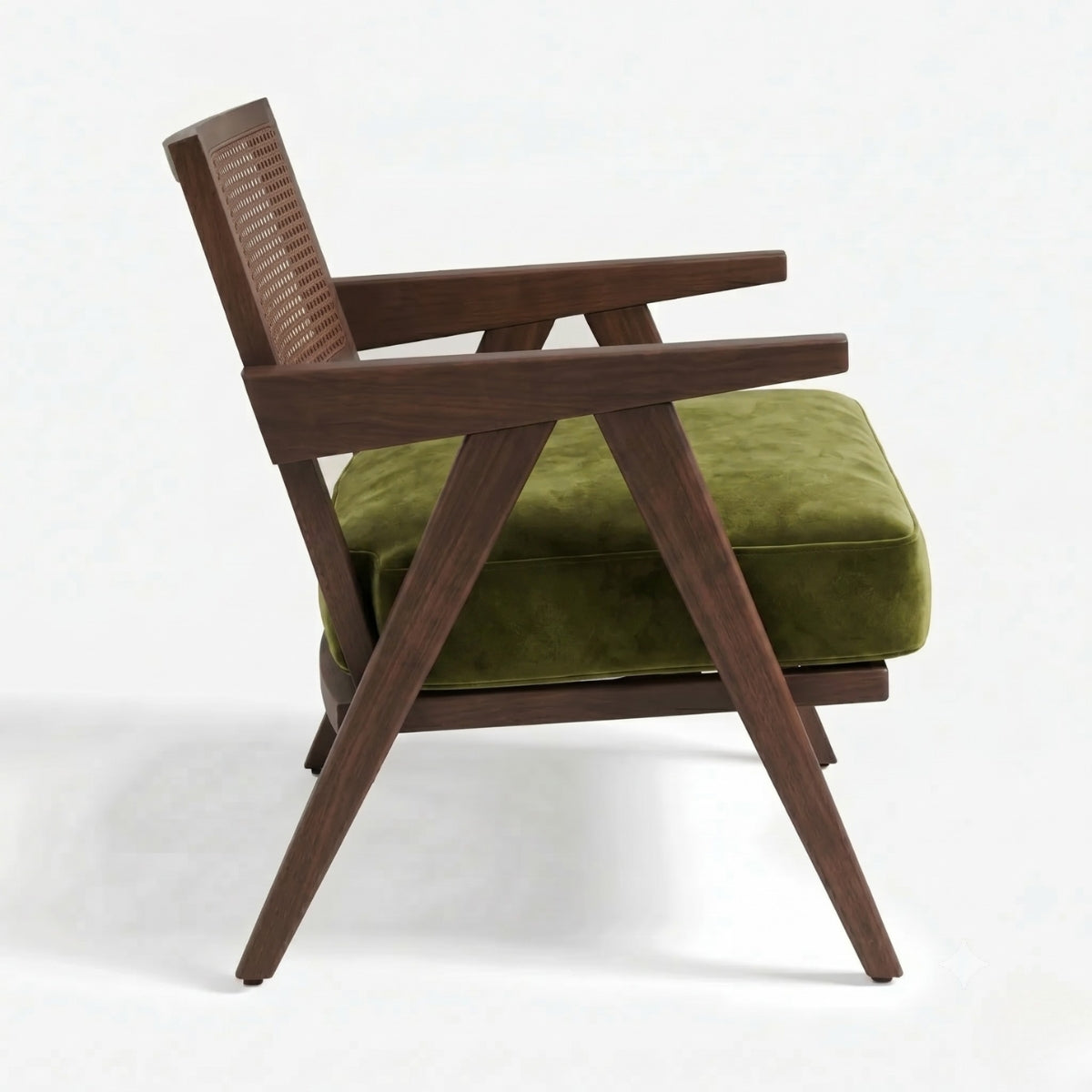 Wooden armchair with green cushion on a white background