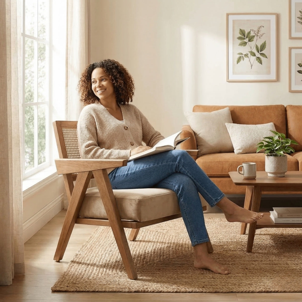Woman sitting in a chair reading a book in a cozy living room.