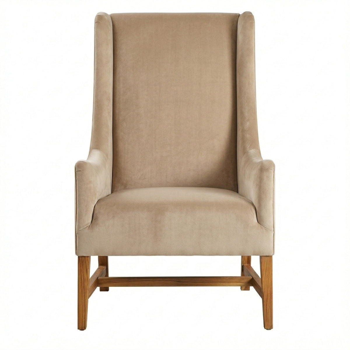 Beige armchair with wooden legs on a white background