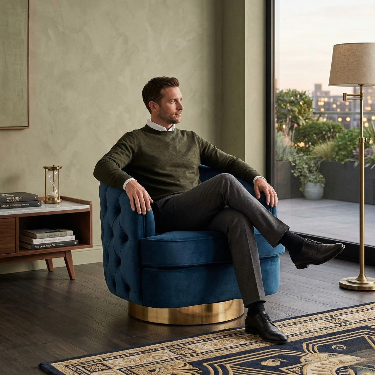 Man sitting in a blue armchair in a stylish room with a city view.