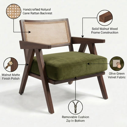 Chair with features highlighted, including cane rattan backrest, walnut wood frame, olive green velvet fabric, and removable cushion.