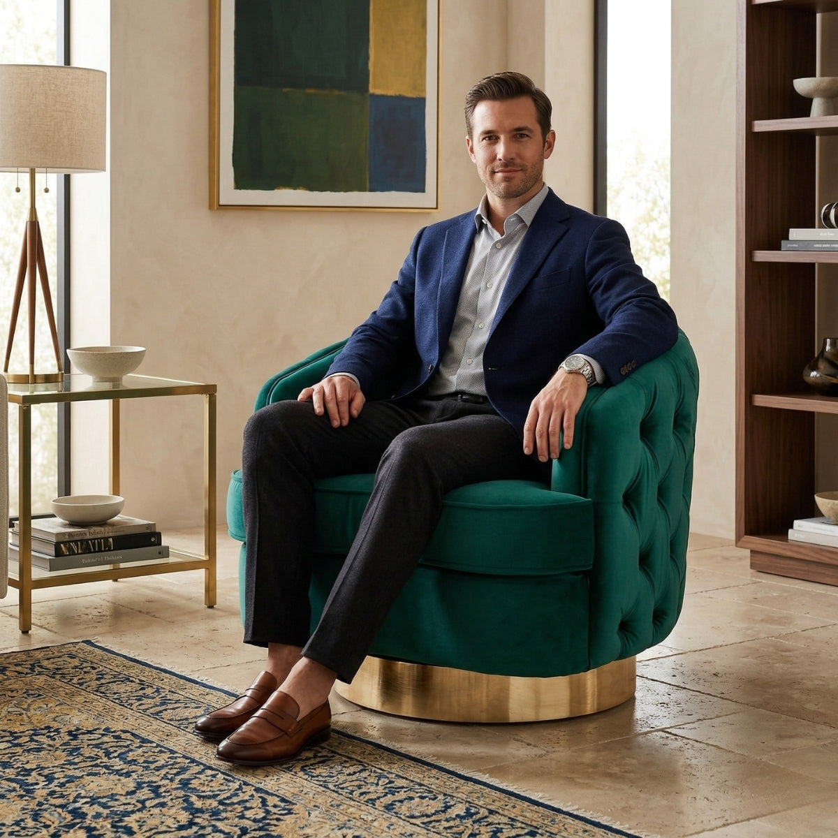 Man in a blue suit sitting on a green armchair in a stylish room.