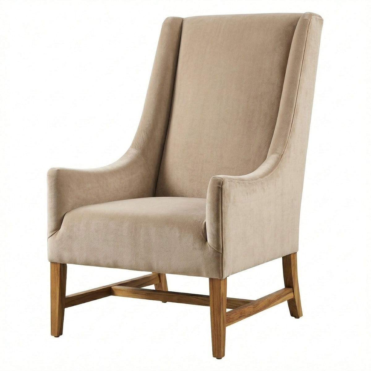 Beige armchair with wooden legs on a white background