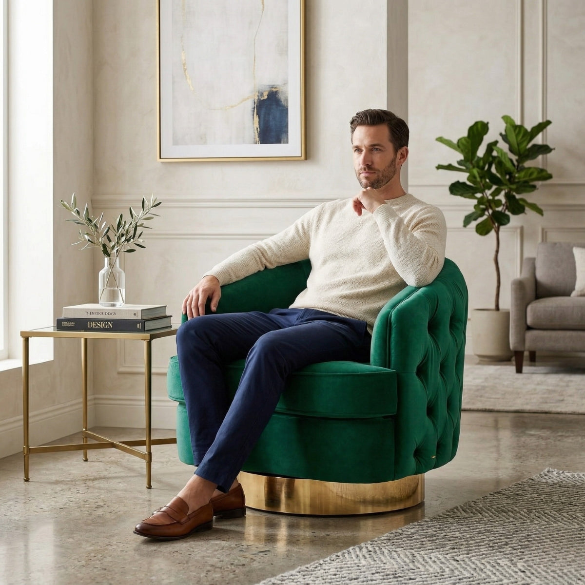 Man sitting on a green armchair in a stylish living room