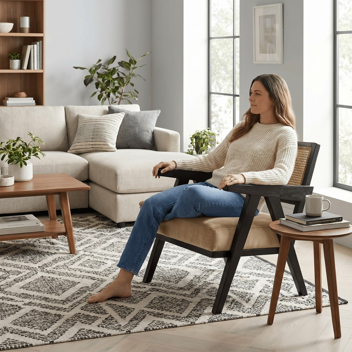 Woman sitting in a modern living room with a neutral color scheme.