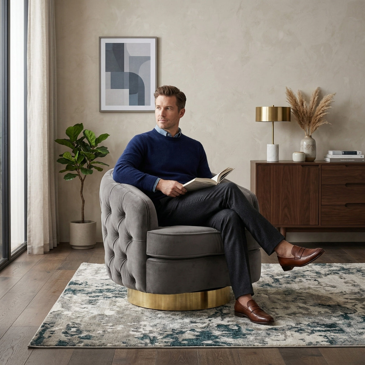 Man sitting in a gray armchair reading a book in a modern living room.