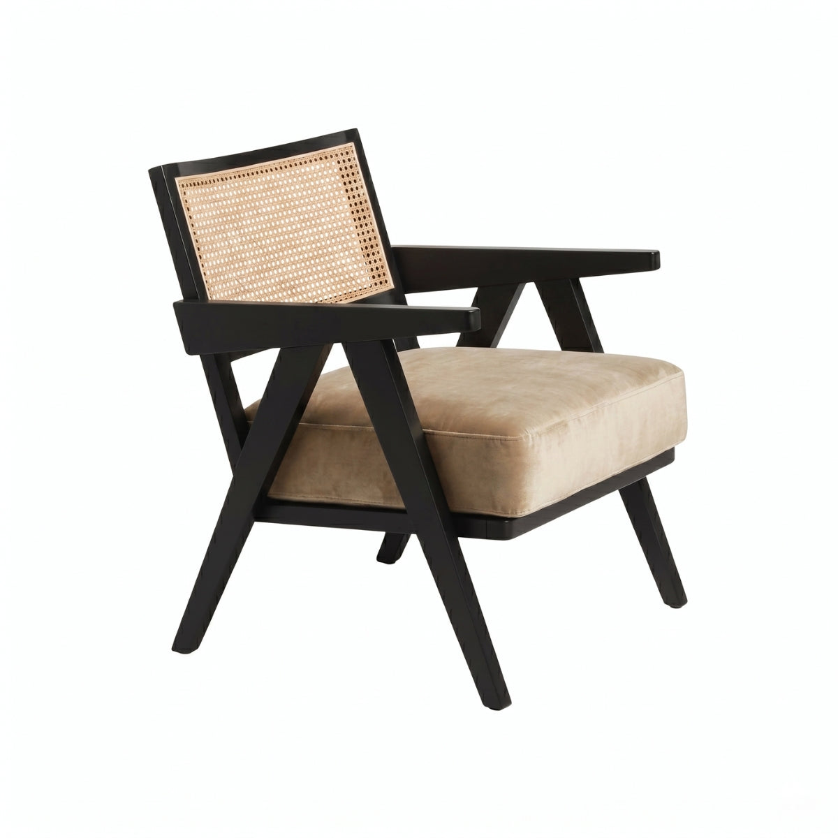 Chair with black frame and beige cushion on a white background
