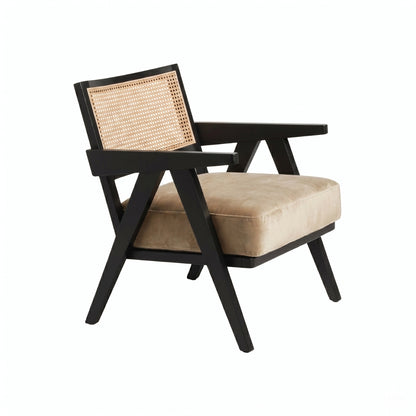 Chair with black frame and beige cushion on a white background