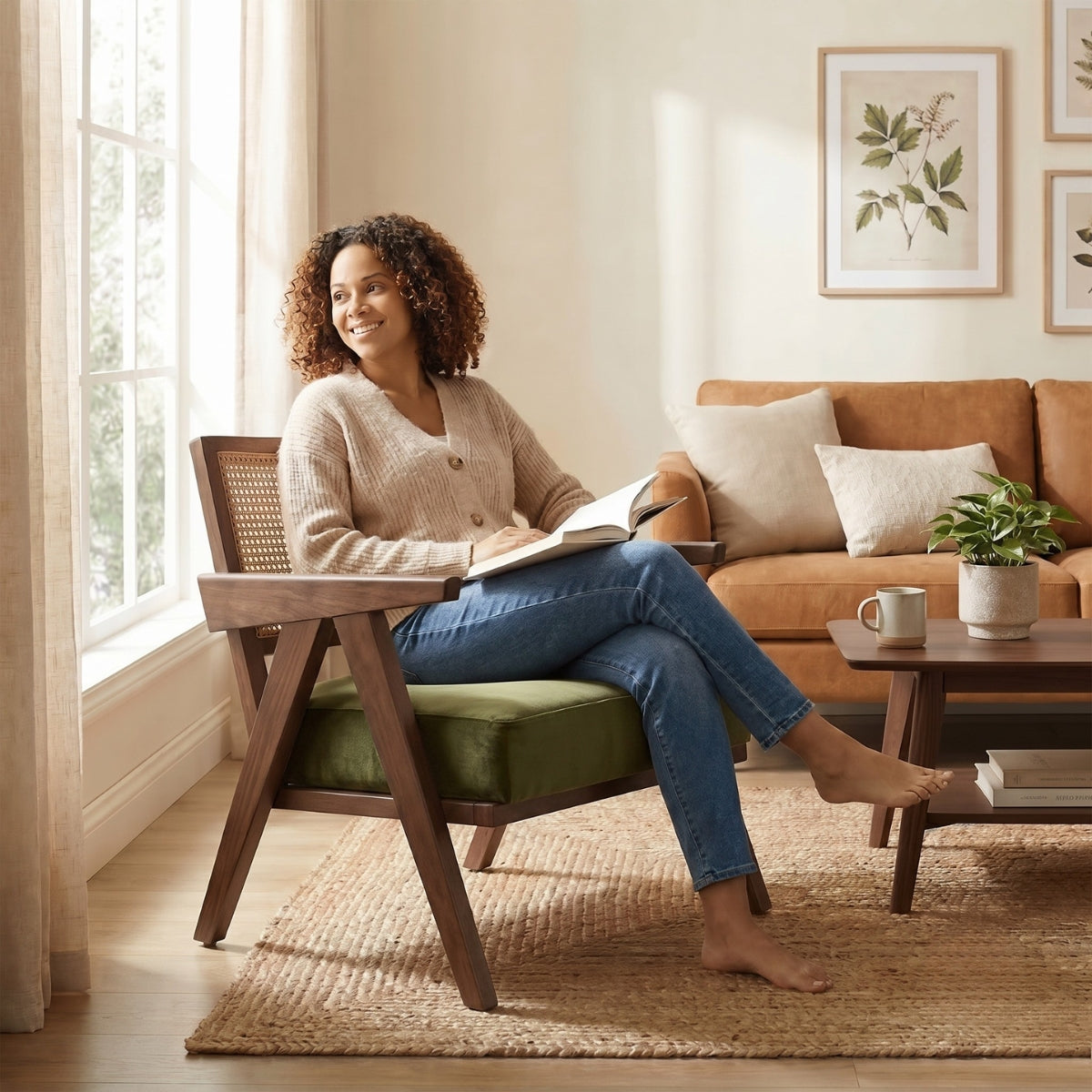 Woman sitting in a chair reading a book in a cozy living room.