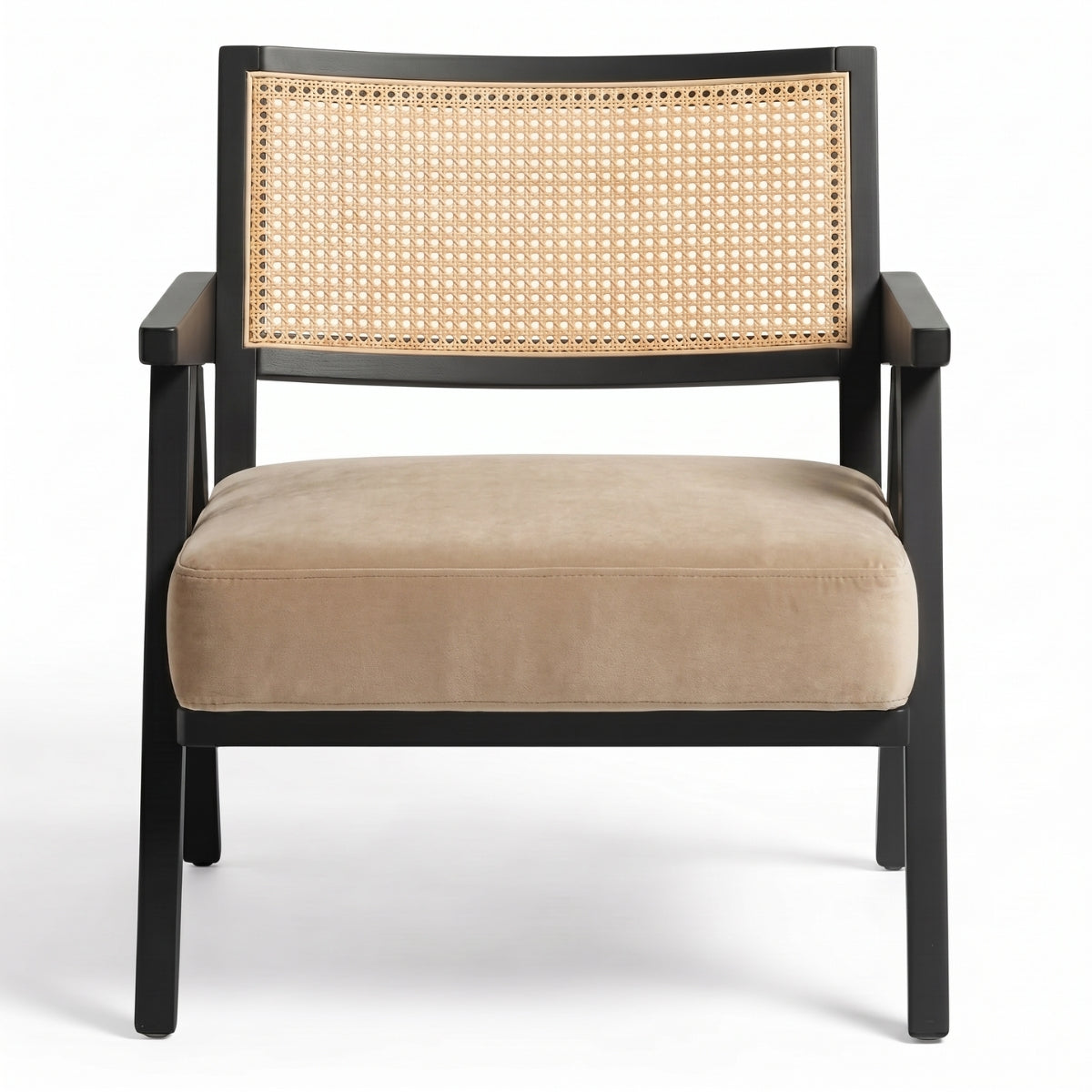 Chair with black frame and beige cushion on a white background