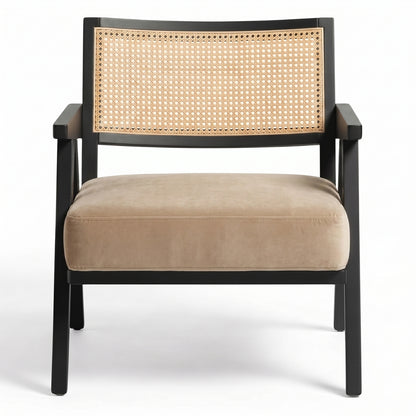 Chair with black frame and beige cushion on a white background