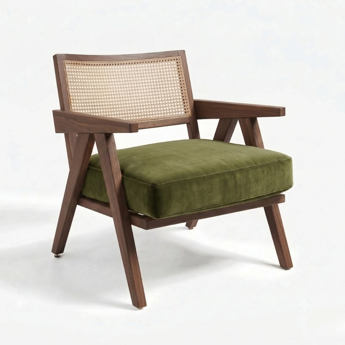 Wooden armchair with green cushion and wicker backrest on a white background